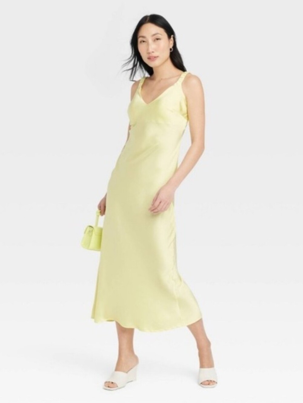 NWT A New Day Light Yellow Satin V-Neck Slip Midi Dress Size S